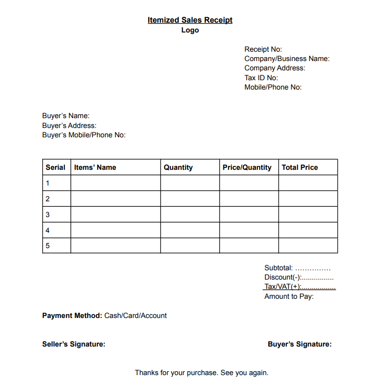 Sample itemized receipt